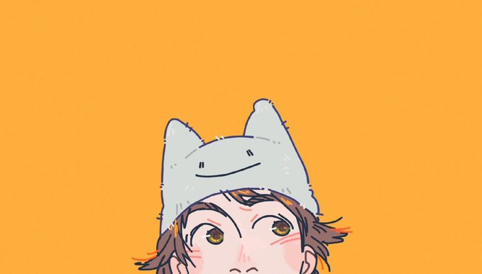 A cropped illustration showing the top half of a person's face with brown hair wearing a gray, smiling animal-eared hat against a solid orange background.