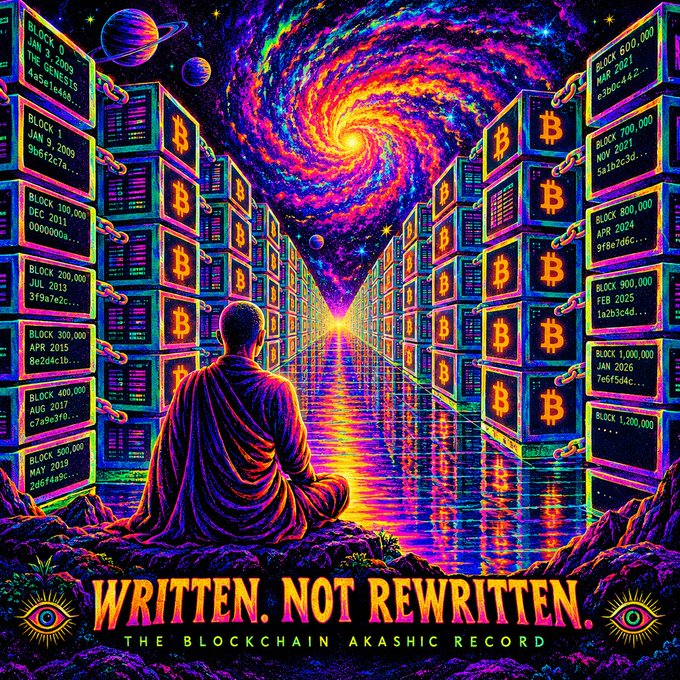 A monk meditates before towering walls of Bitcoin blockchain blocks displaying numbers like "BLOCK 600,000 MAR 2021" and "BLOCK 1,000,000 NOV 2024," under a vibrant cosmic swirl, visually echoing the post's claim that the Bitcoin blockchain serves as an immutable, truthful historical record that can be revisited like an Akashic ledger across centuries.
