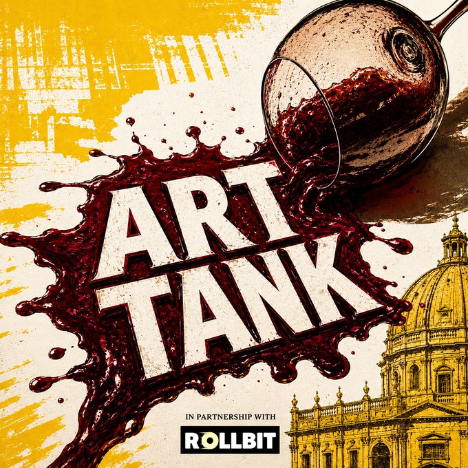 A promotional graphic for "ArtTank" features bold white logo text splattered with red wine/liquid pouring from a glass, set against a yellow and beige background with an illustration of a domed cathedral, noting "In Partnership with Rollbit" at the bottom.