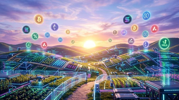A vibrant futuristic landscape at sunset with farmland, highways, and holographic data panels, featuring floating cryptocurrency icons (Bitcoin, Ethereum, Solana, Avalanche) and a 'YIELD' badge rising above the scene.
