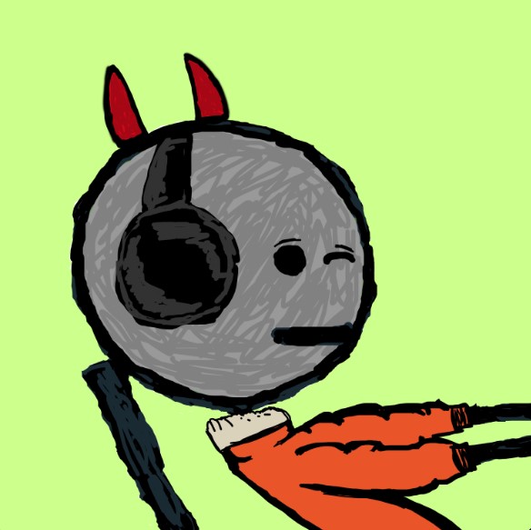 A cartoonish gray character with red devil horns and a stitched black eye winks slyly while being dressed or undressed in an orange garment, set against a bright green background. The devilish imagery humorously visualizes the post's tongue-in-cheek warning about the dubious nature of the NFT market.