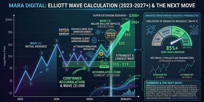 A complex Elliott Wave technical analysis chart titled 'MARA DIGITAL: ELLIOTT WAVE CALCULATION (2023-2027+) & THE NEXT MOVE' predicting logarithmic prices ranging from $1 to $300+ with annotations like 'STRONGEST & LONGEST WAVE' and '85%+ VERY HIGH LIKELIHOOD'.