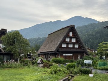 A traditional Japanese thatched-roof gassho-zukuri farmhouse sits in a rural village with mountains in the misty background.