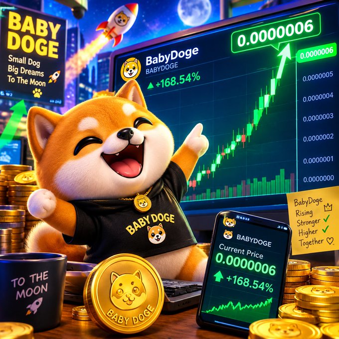 An AI-generated image of a smiling Shiba Inu mascot promoting 'BabyDoge BABYDOGE' cryptocurrency with 'TO THE THE MOON' text, showing a +168.54% increase and price of 0.0000006.