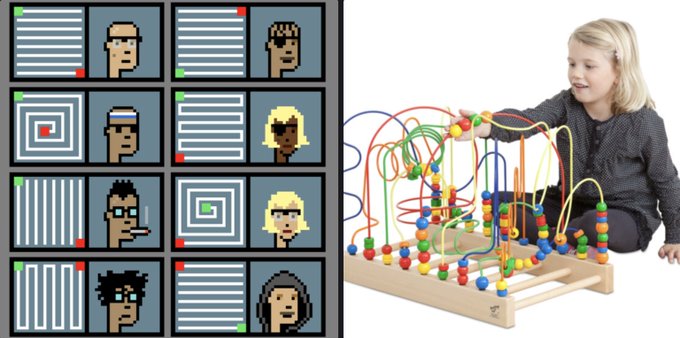 A composite image shows pixel-art portraits of various faces on the left and a young girl playing with a wooden bead maze toy on the right.