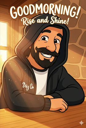A cartoon sticker illustration of a smiling man in a hoodie with the text 'GOODMORNING! Rise and Shine!' and 'Zy Co'.
