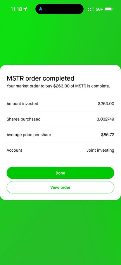 A Robinhood confirmation screen shows a completed market order to buy $263.00 of MSTR at an average price of $86.72 per share, acquiring 3.032749 shares in a "Joint investing" account—seemingly proving the poster's question rhetorical, as they themselves appear to be buying the dip.