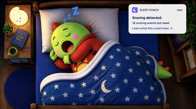 A cute green dragon character sleeps soundly in a star-patterned bed with "Zzz" above its head, accompanied by a Sleep Coach notification reading "Snoring detected. 16 snoring events last week," tying into the post's promotion of Sleepagotchi's AI-driven sleep tracking and snoring analysis through wearable integrations.