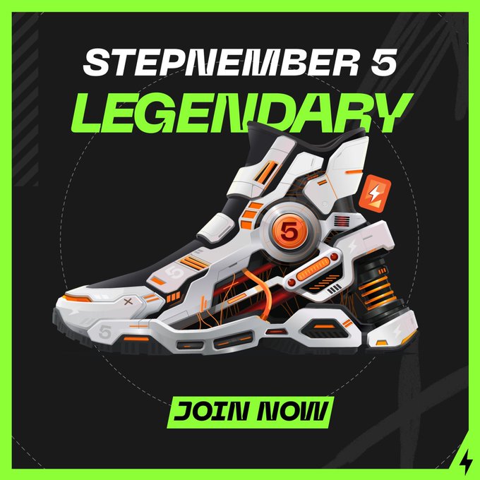 A promotional graphic for a "STEPNEMIBER 5 LEGENDARY" sneaker with a futuristic, high-tech white and orange design, featuring a "JOIN NOW!" call-to-action button and a green border.