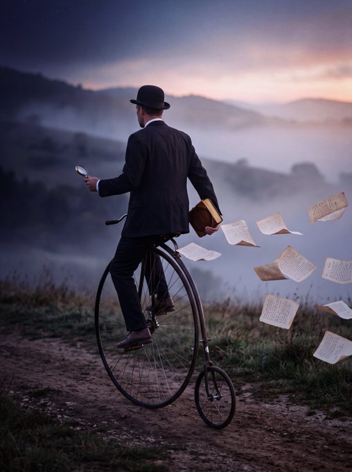 A man in a black suit and bowler hat rides a penny-farthing bicycle on a dirt path at dusk, holding a magnifying glass and a book, as pages float in the air around him.