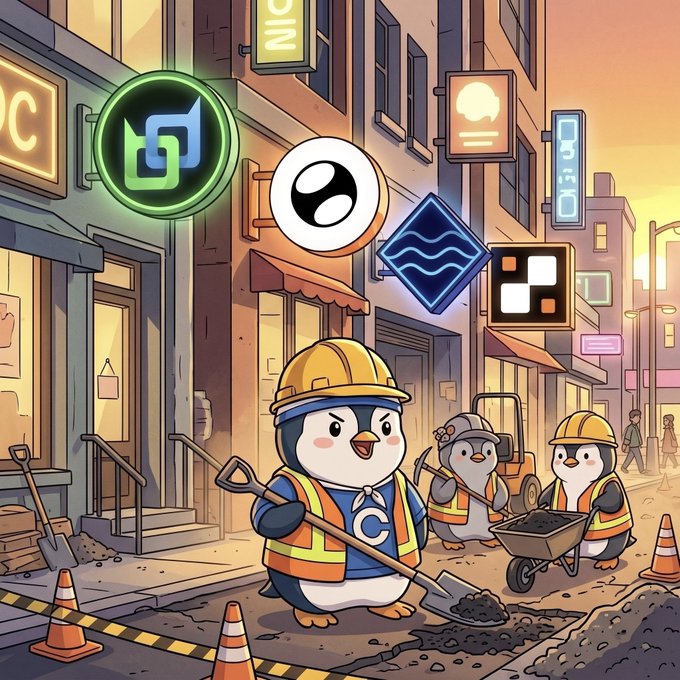 A cartoon illustration depicts anthropomorphic penguins wearing construction worker outfits and hard hats working on a city street, with various cryptocurrency logos including what appears to be NEO floating above them.