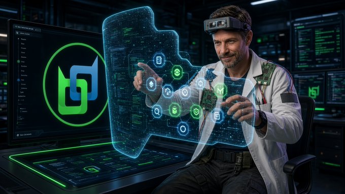 A man wearing AR glasses and a lab coat interacting with a holographic digital display featuring various icons, with a green logo on a monitor in the background.