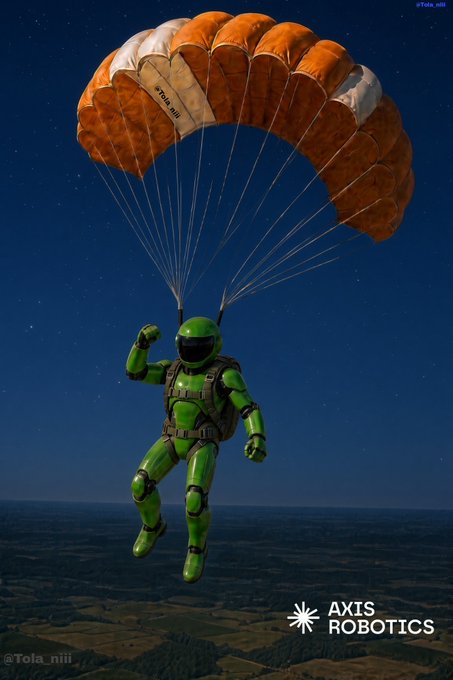 A 3D-rendered green robotic figure descends via an orange and white parachute over a landscape at night, branded with the 'AXIS ROBOTICS' logo and tagged @Tola_niii.