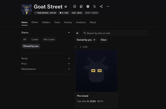 A screenshot of an NFT marketplace showing a 'Goat Street' collection on the Robinhood Chain with a top offer of 0.0385 WETH on a pre-reveal item.
