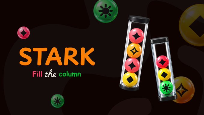 Promotional graphic for a mobile game titled 'STARK - Fill the column', showing colorful balls stacked in glass tubes against a dark background.