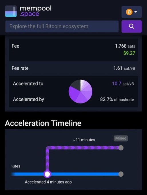 A Mempool.space transaction acceleration interface showing a Bitcoin transfer with a fee of 1,768 sats ($9.27), accelerated to 10.7 sat/vB by 82.7% of hashrate, with a timeline indicating the transaction was mined approximately 11 minutes after being accelerated 4 minutes prior—visually confirming the RBF-enabled 3,400 BTC return to the Liquid Federation described in the post.