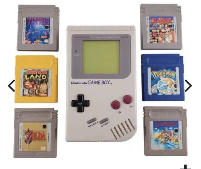 The image shows a classic Nintendo Game Boy surrounded by six game cartridges, including Tetris, Super Mario Land, Donkey Kong Land, Pokémon Blue, The Legend of Zelda: Link's Awakening, and Mario Kart. The caption playfully connects retro gaming nostalgia to the post's wish to trade memecoins "from here," highlighting the irony of longing to engage in crypto trading from a decades-old handheld console.