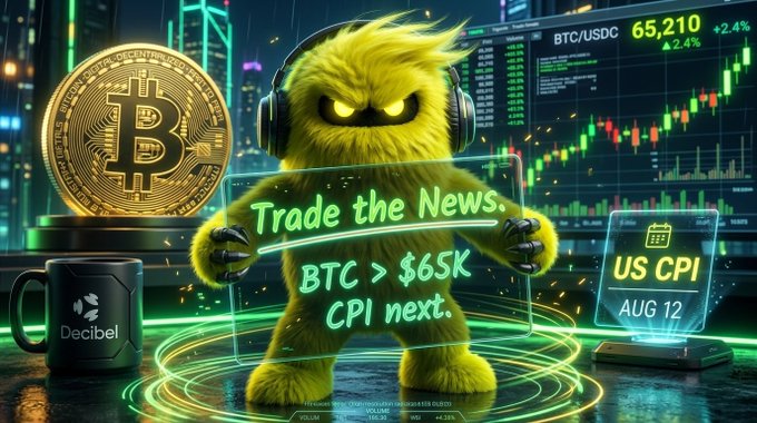 A neon green fuzzy monster character wearing headphones holds a glowing sign reading 'Trade the News, BTC > $65K, CPI next,' with a large Bitcoin coin and a 'US CPI AUG 12' hologram in the background.