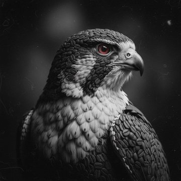 Dramatic black-and-white portrait of a hawk with a striking red eye, set against a dark, textured background.