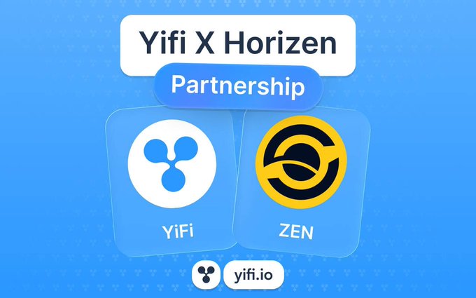 A promotional graphic announcing the 'Yifi X Horizen Partnership' with the Yifi and ZEN logos and the website yifi.io.