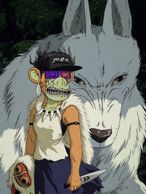 An animated illustration of a character with a green mask, cap reading 'MA NYC,' and bared teeth, holding a knife while standing in front of a large white wolf.