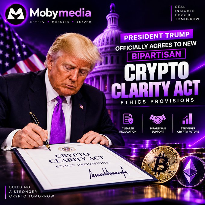 A promotional graphic from Mobymedia featuring Donald Trump signing the 'CRYPTO CLARITY ACT ETHICS PROVISIONS' document, with Bitcoin and Ethereum coins displayed alongside headlines about bipartisan crypto regulation.