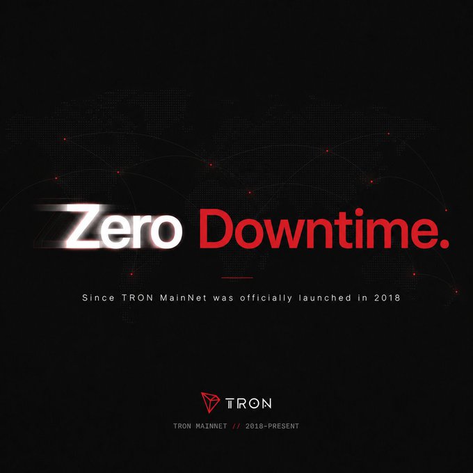 The image features a black background with white text that reads "Zero downtime." The text is accompanied by a red logo, which displays the name "TRON" along with the year "2018" written below it. This suggests that the image might be related to the launch or maintenance of the TRON MainNet in 2018.