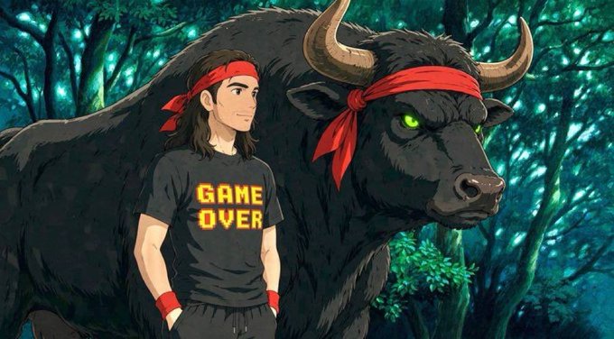 An anime-style illustration of a young man wearing a red headband and a 'GAME OVER' t-shirt, standing in a mystical forest next to a large black bull with glowing green eyes and a matching red headband.