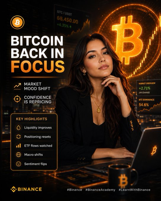 The image features a woman sitting at a desk with a laptop computer open in front of her. She appears to be working or browsing the internet while wearing a black blazer, which contrasts with the bright orange background that includes a Bitcoin symbol and text related to Bitcoin's recent resurgence. The image also contains some text about Bitcoin, such as "Bitcoin back in focus" and "Key highlights".