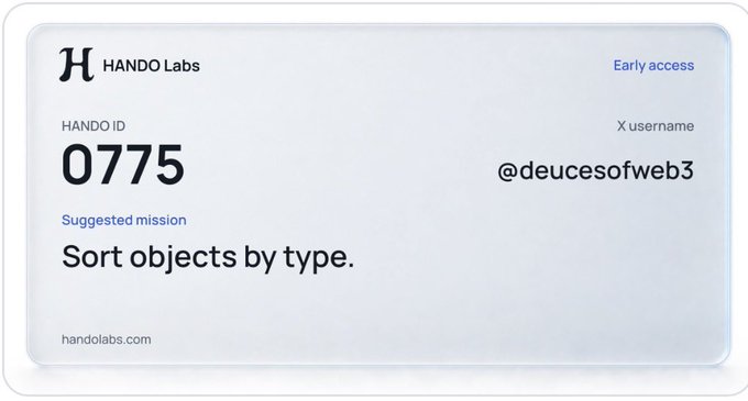 A digital Hando Labs ID card showing number 0775 with the username '@deucesofweb3' and a suggested mission to 'Sort objects by type.'