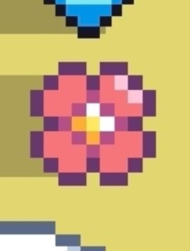 A pixel-art pink flower with a yellow center rests on a yellow surface, accompanied by partial views of blue and white pixelated items above and below, all rendered in a blocky 8-bit style reminiscent of the Sunflower Land game token referenced in the post.