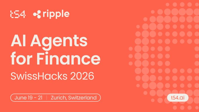 The image features a poster for an AI Agents for Finance SwissHacks hackathon, which took place from June 19-21. The poster highlights the event's focus on real-world financial AI use cases involving the x402 payments protocol. It also mentions that the event was sponsored by Ripple and Switzerland, as well as the Swiss National Bank.