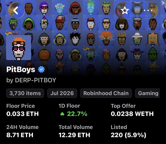 An NFT marketplace page displays the 'PitBoys' collection by DERP-PITBOY with 3,730 items, showing a floor price of 0.033 ETH, a top offer of 0.0238 WETH, and a 24H volume of 8.71 ETH on the Robinhood Chain.