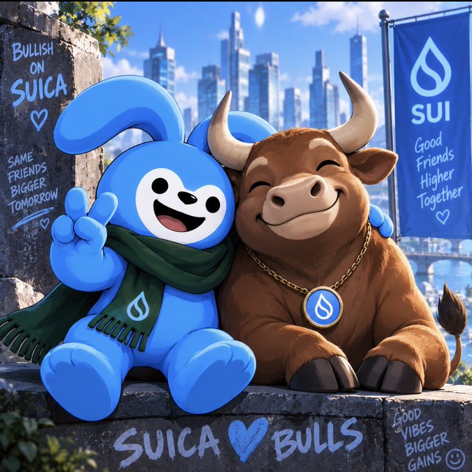 An AI-generated illustration of a blue bunny and a brown bull wearing a gold chain with a water drop pendant, sitting together with graffiti reading 'BULLISH ON SUICA', 'SUICA ♥ BULLS', and 'SUI Good Friends Higher Together'.