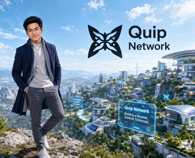 A man in a blue coat and glasses stands in a rocky foreground, with a futuristic cityscape featuring waterfalls and wind turbines behind him, accompanied by the 'Quip Network' logo and text reading 'Building a Smarter, Greener Tomorrow.'