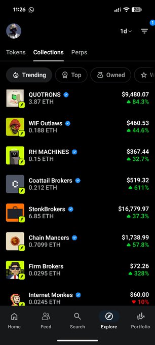 Mobile app screen showing a 'Collections' tab with trending NFT collections including QUOTRONS ($9,480.07), WIF Outlaws, RH MACHINES, Coattail Brokers, StonkBrokers, Chain Mancera, Firm Brokers, and Internet Monkes with their ETH prices and percentage changes.