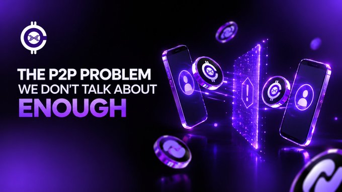 A purple-themed graphic titled 'THE P2P PROBLEM WE DON'T TALK ABOUT ENOUGH' featuring two smartphones connected through a blockchain-like shield with user profile and token symbols floating between them.
