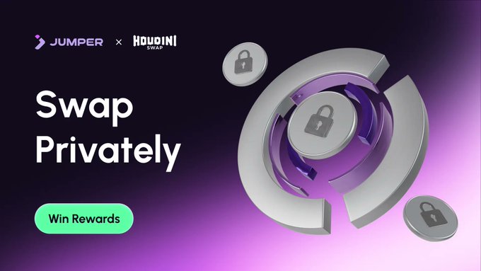 The image features an advertisement for a private swap that takes place across 15+ networks including Ethereum, Solana, Arbitrum, Base, and more. The text on the image reads "Swap Privately" and "Win rewards". The background of the image is purple with a white border. There are three circles in the image: one silver circle containing a lock, two smaller silver circles also containing locks, and a larger silver circle that has a lock removed from it.
