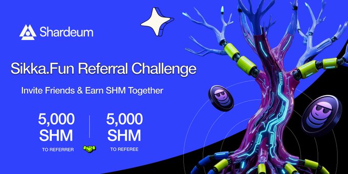 The image features a poster promoting a Sikka Fun Referral Challenge, which encourages people to invite friends and earn SHM together by referring others to the challenge. The poster includes a tree with branches made of neon green and purple lights, symbolizing the rewards that can be earned through successful referrals. There are two options for how to participate in the challenge: either refer three friends or refer four friends. The poster also mentions that there is a 5,000 SHM reward for each referrer who participates, as well as a 10,000 SHM reward for the referee who refers five new participants.