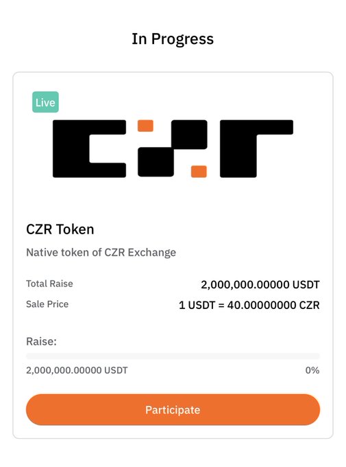 The screenshot shows the CZR Token public sale "In Progress" on the CZR Exchange Launchpad, displaying a total raise of 2,000,000 USDT with a sale price of 1 USDT = 40 CZR, directly reflecting the live $CZR public sale announced in the post.