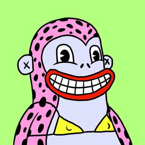 A pop-art style cartoon illustration shows a smiling pink spotted monkey-like character against a bright green background.