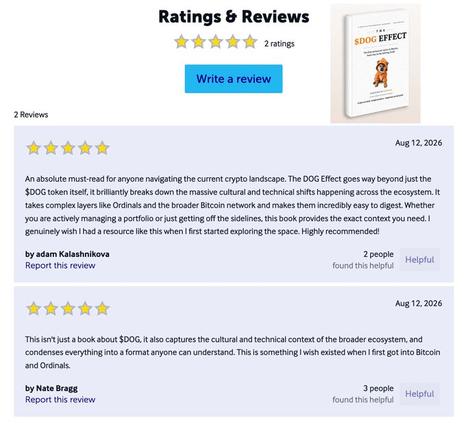 A 'Ratings & Reviews' section for 'The DOG Effect' book showing two 5-star reviews praising it as a must-read for the crypto landscape.
