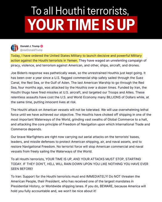 The image shows a Donald J. Trump social media post titled "To all Houthi terrorists, YOUR TIME IS UP," announcing military action against the Houthis in Yemen and threatening retaliation for attacks on American vessels in the Red Sea. The accompanying post in Chinese wonders if Trump is preparing for a major military conflict, expressing hope for early world peace and tagging #BTC, reflecting concerns that escalating U.S.-Houthi tensions could spill into broader geopolitical conflict.