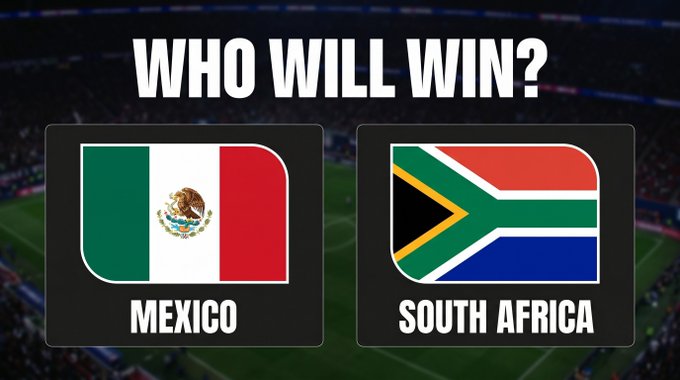 The image shows two flags - one representing Mexico and another representing South Africa. The text "Who will win?" is written above each flag. Based on the image alone, we cannot determine which country's flag is more prominent or if either of them has a significant advantage over the other in terms of visibility. However, considering that the post mentions the World Cup starting soon, it can be inferred that this might be an advertisement for the upcoming event and could potentially draw attention to both countries' flags as part of their participation in the tournament.