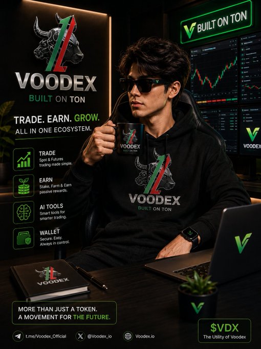 A promotional poster for VOODEX, built on TON blockchain, featuring a person in sunglasses holding a branded mug, with trading screens in the background and text including 'TRADE. EARN. GROW.' and '$VDX'.