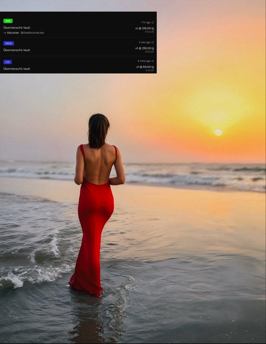 The image features a woman wearing a red dress, standing at the edge of the water near the beach during sunset. The sky above her is filled with warm hues from the setting sun, creating a beautiful backdrop for this serene scene. The photo captures the essence of the moment and showcases the stunning colors of the sunset as it casts its glow over the woman's dress.