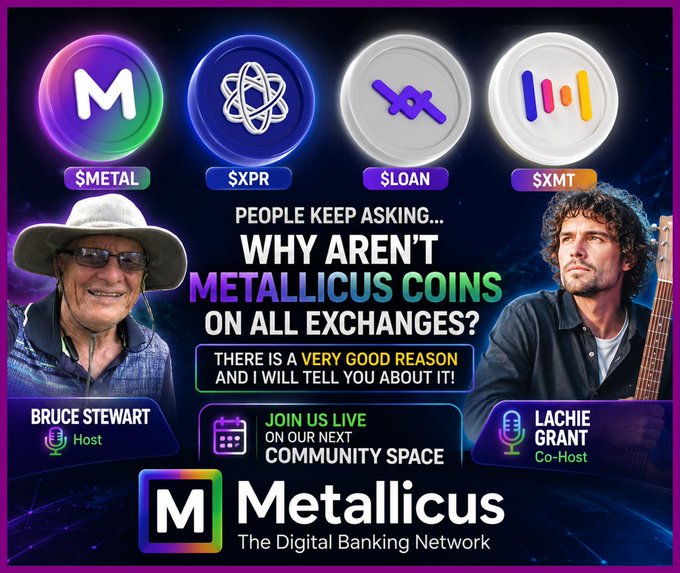 The image features two men, one wearing sunglasses and the other holding a guitar, with text that reads "Why aren't $METAL, $XPR, $LOAN and $XMT listed everywhere? Why aren' t they talked about like some of the bigger crypto projects?" The post is promoting a digital bank hosting event.