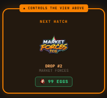 The image displays a "Market Forces TCG" game interface showing a "Drop #2" result of "99 EGGS," connecting to the post about the @Ocapgames and @moonbirds update, which explains how owning a Moonbird now yields physical rewards like eggs through the Market Forces card game.
