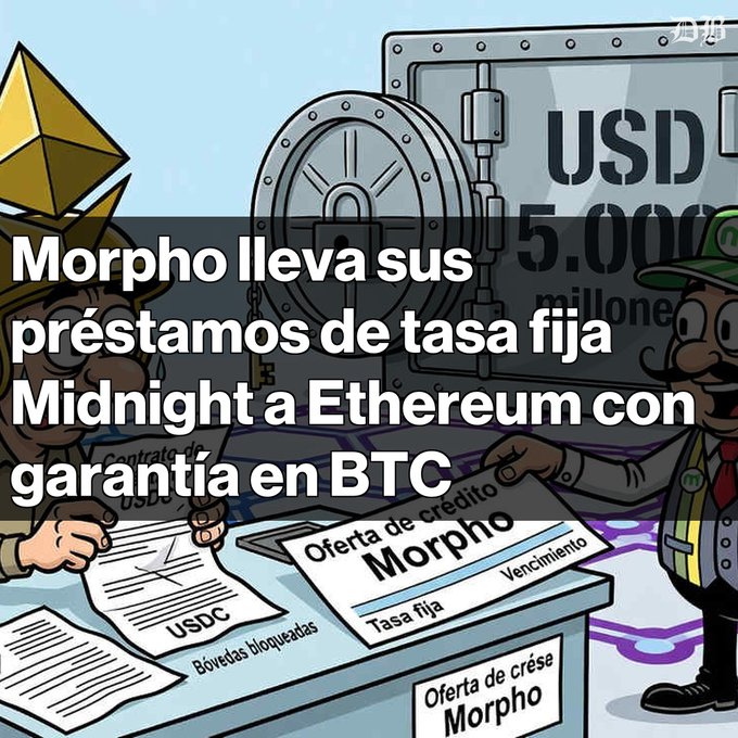 A Spanish-language graphic reads 'Morpho lleva sus préstamos de tasa fija Midnight a Ethereum con garantía en BTC' over an illustration of cartoon characters, a vault, and a Morpho credit offer document.