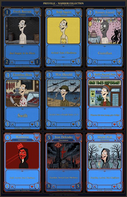A screenshot of the 'PRIVILEGE - WARRIOR COLLECTION' card collection from the PrivaLife app, featuring various character cards like 'Fresh Recruit', 'Bau Squire', and 'Iron Defender'.